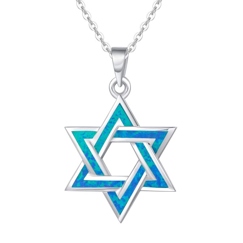 FANCIME Star of David Necklace for Women Hanukkah Gifts 925 Sterling Silver Blue Created Opal Necklace Charm Geometric Pendant Jewelry for Women - Image 1